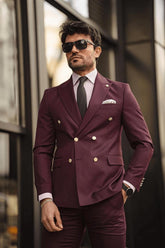 Guild Jesus Slim Fit Zweireihiger Anzug Weinroter