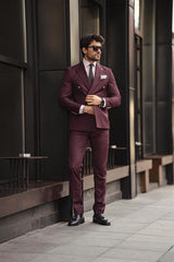 Guild Jesus Slim Fit Zweireihiger Anzug Weinroter