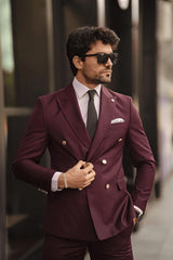 Guild Jesus Slim Fit Zweireihiger Anzug Weinroter
