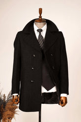 Guild Kavala Zweireihiger diagonaler schwarzer Wollmantel