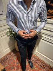 Guild Slim Fit Baumwolle gestreiftes KING Marineblaues Hemd 7036