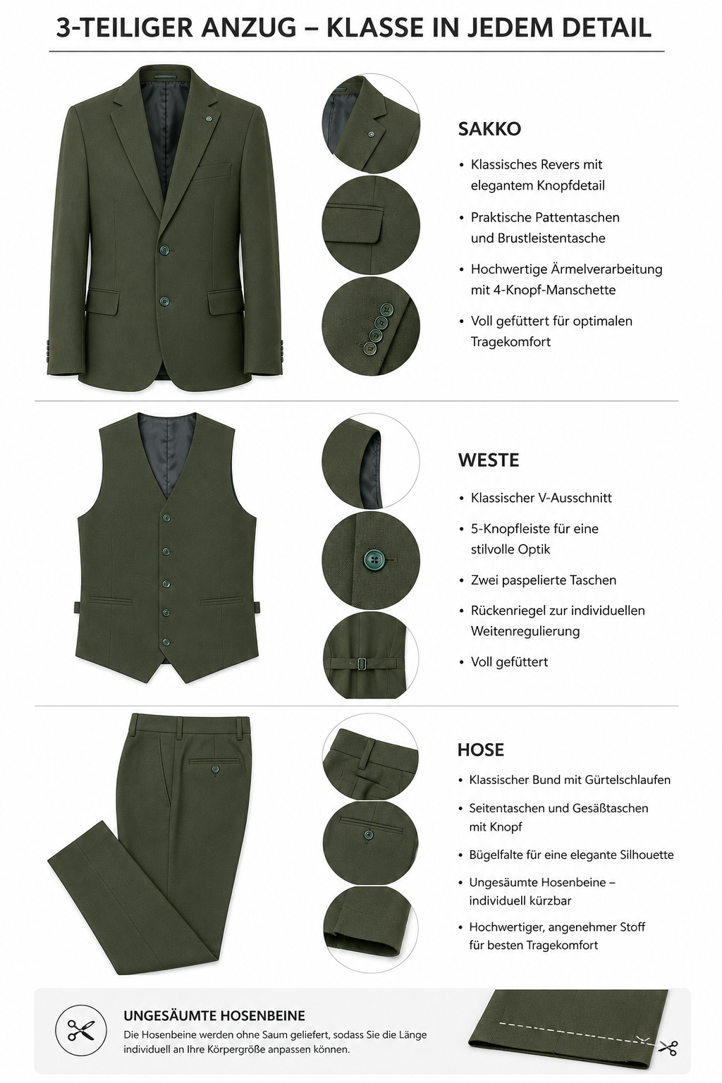 Guild Portici Slim Fit 3 Teilig mit Weste Anzug  - Grün
