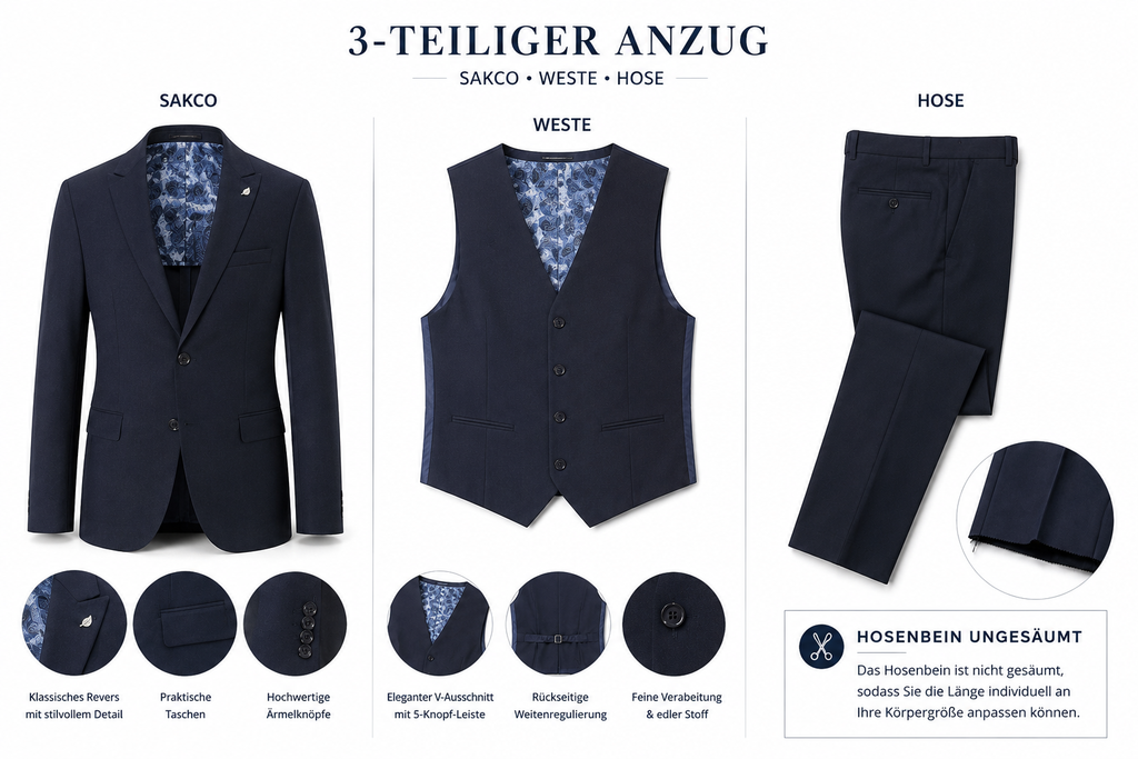 Guild Portici Slim Fit 3-teilige mit Weste Anzug Marineblau