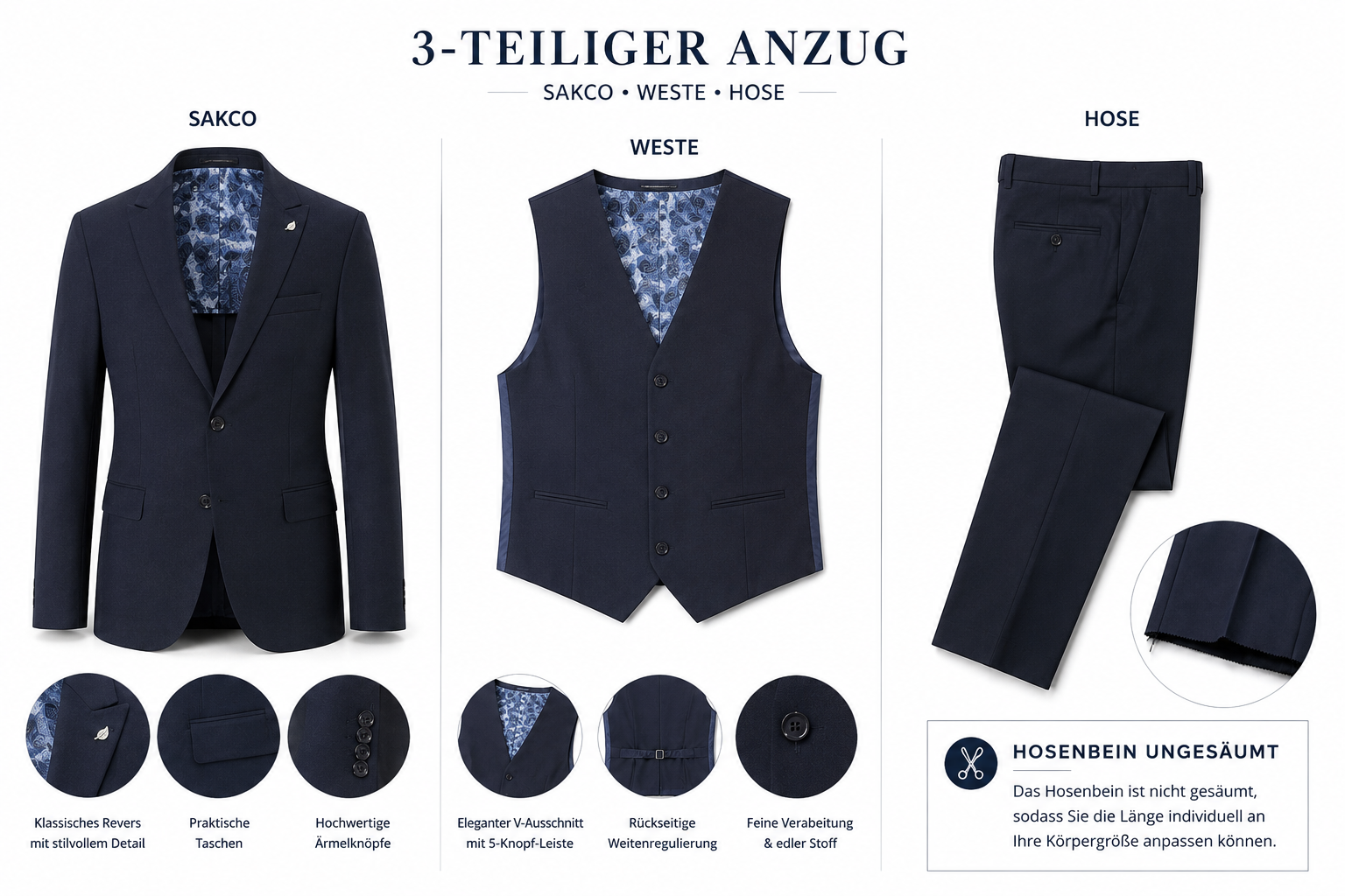 Guild Portici Slim Fit 3-teilige mit Weste Anzug Marineblau