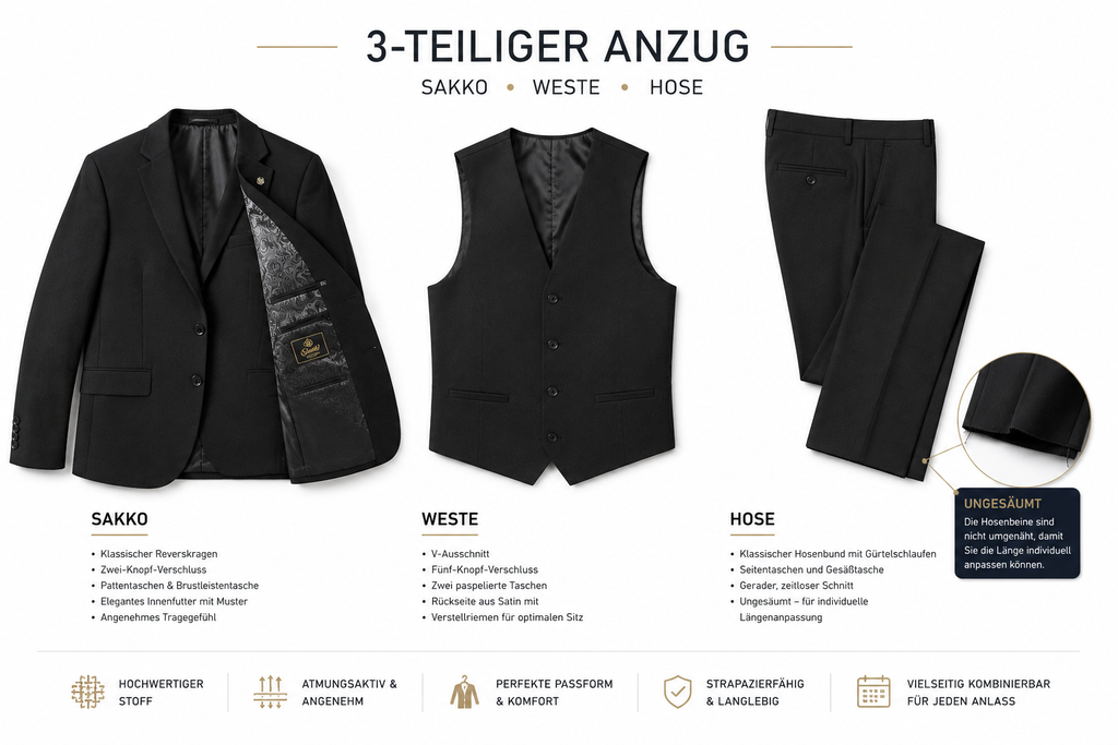 Guild Portici Slim Fit 3-teilige mit Weste Anzug Schwarz