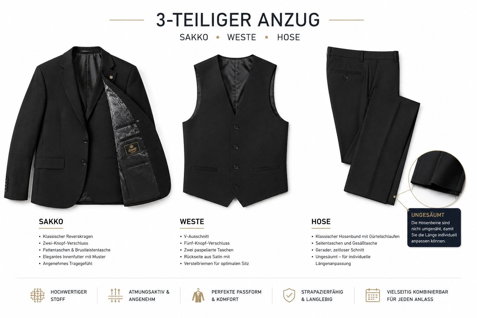 Guild Portici Slim Fit 3-teilige mit Weste Anzug Schwarz