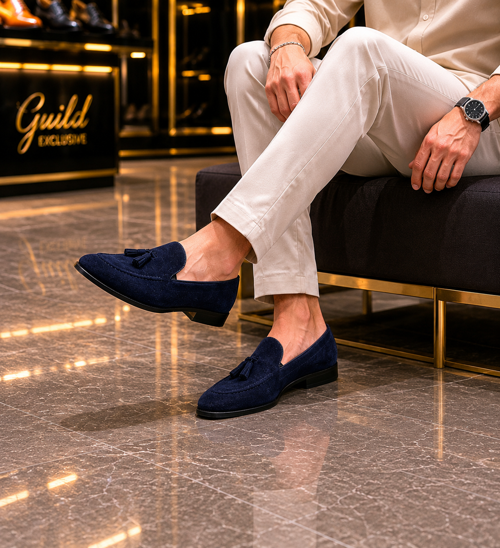 100% Leder, marineblaue Wildlederschuhe