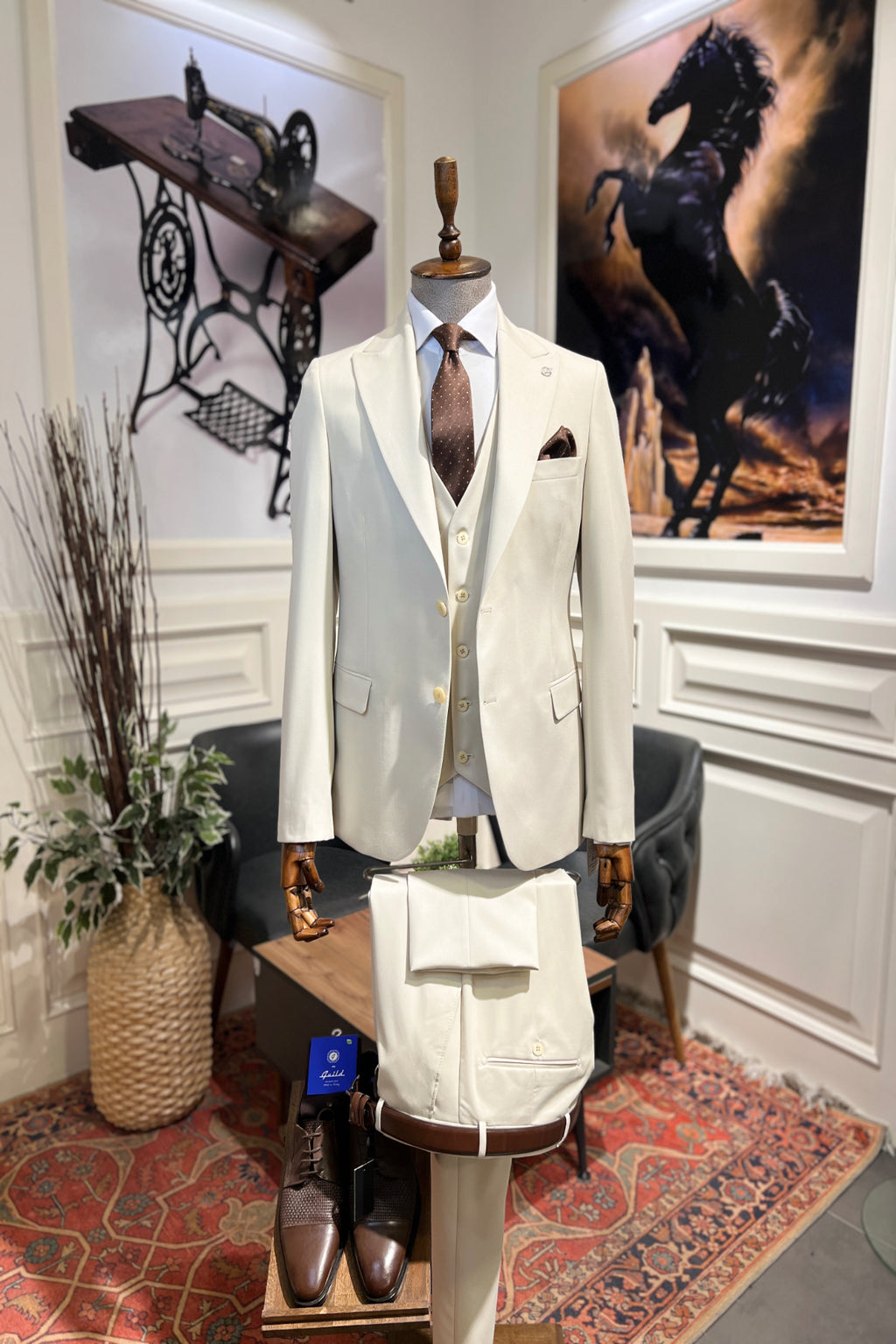Guild Balkan Slim Fit 3-teilige mit Weste Anzug Creme