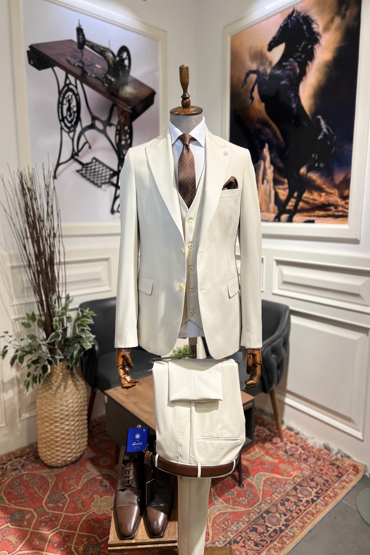 Guild Balkan Slim Fit 3-teilige mit Weste Anzug Creme