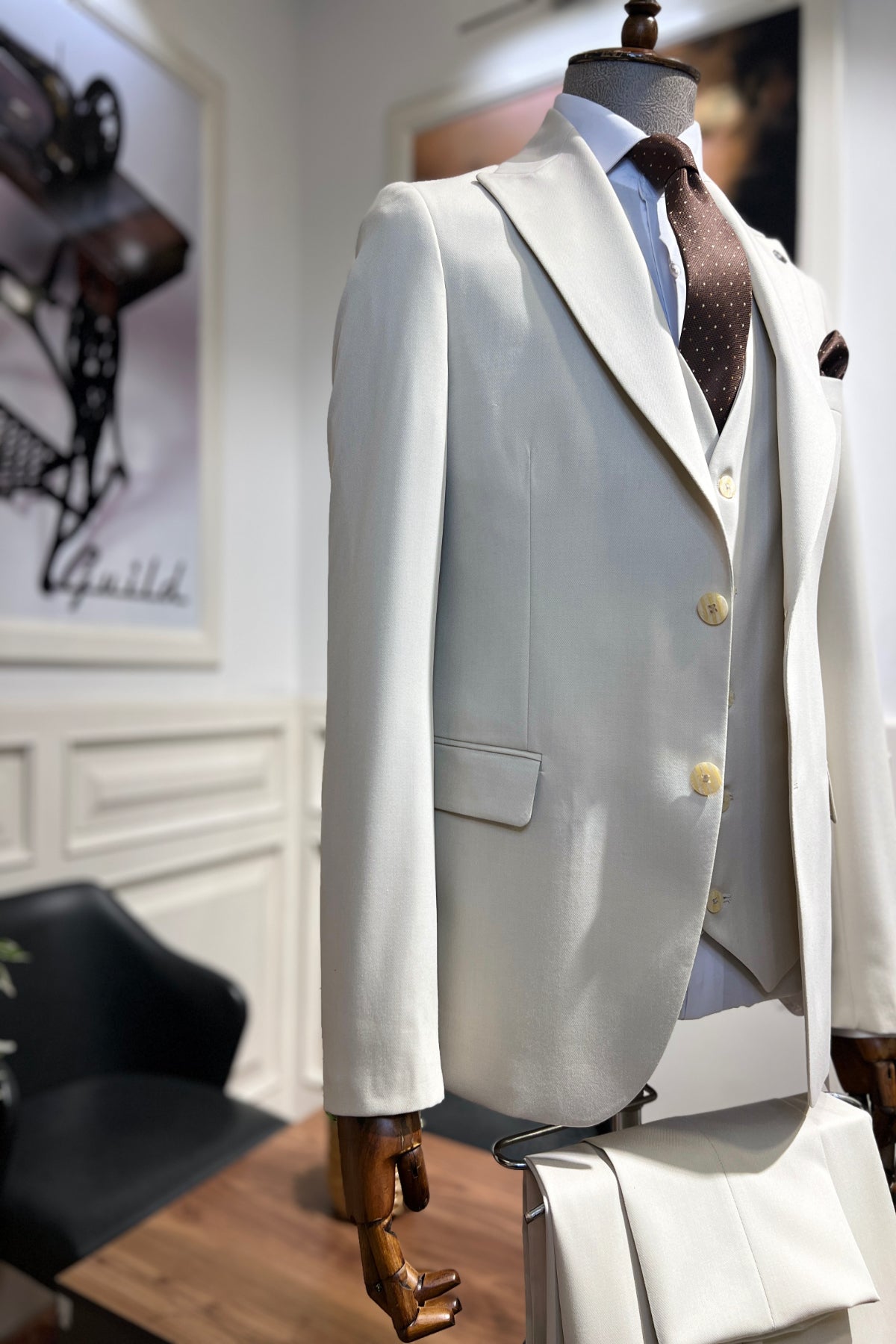 Guild Balkan Slim Fit 3-teilige mit Weste Anzug Creme