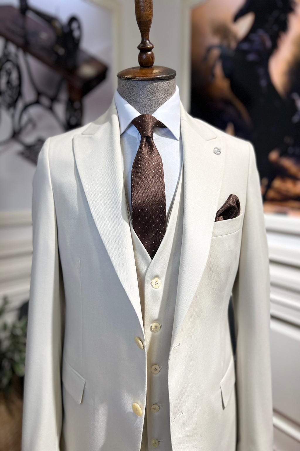 Guild Balkan Slim Fit 3-teilige mit Weste Anzug Creme