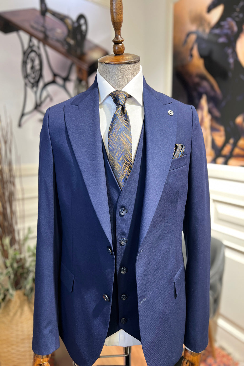 Guild Balkan Slim Fit 3-teilige mit Weste Anzug Dunkelblauer