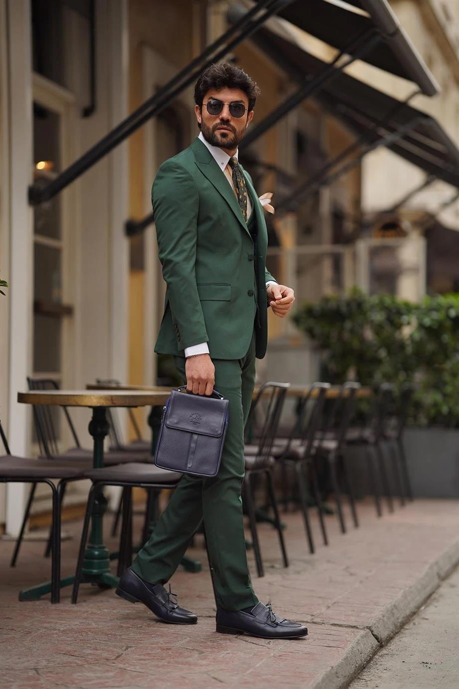 Guild Balkan Slim Fit 3-teilige mit Weste Anzug Grüner