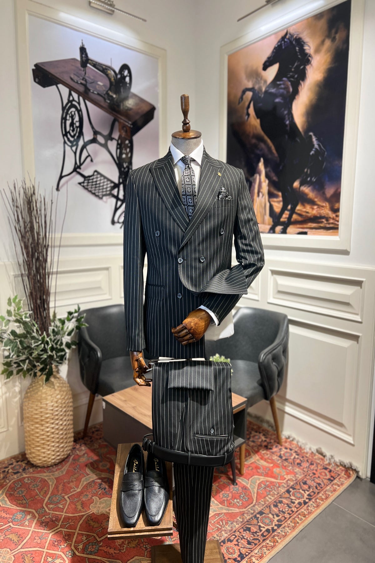  Guild Estergon Slim Fit Zweireiher Anzug Schwarzer