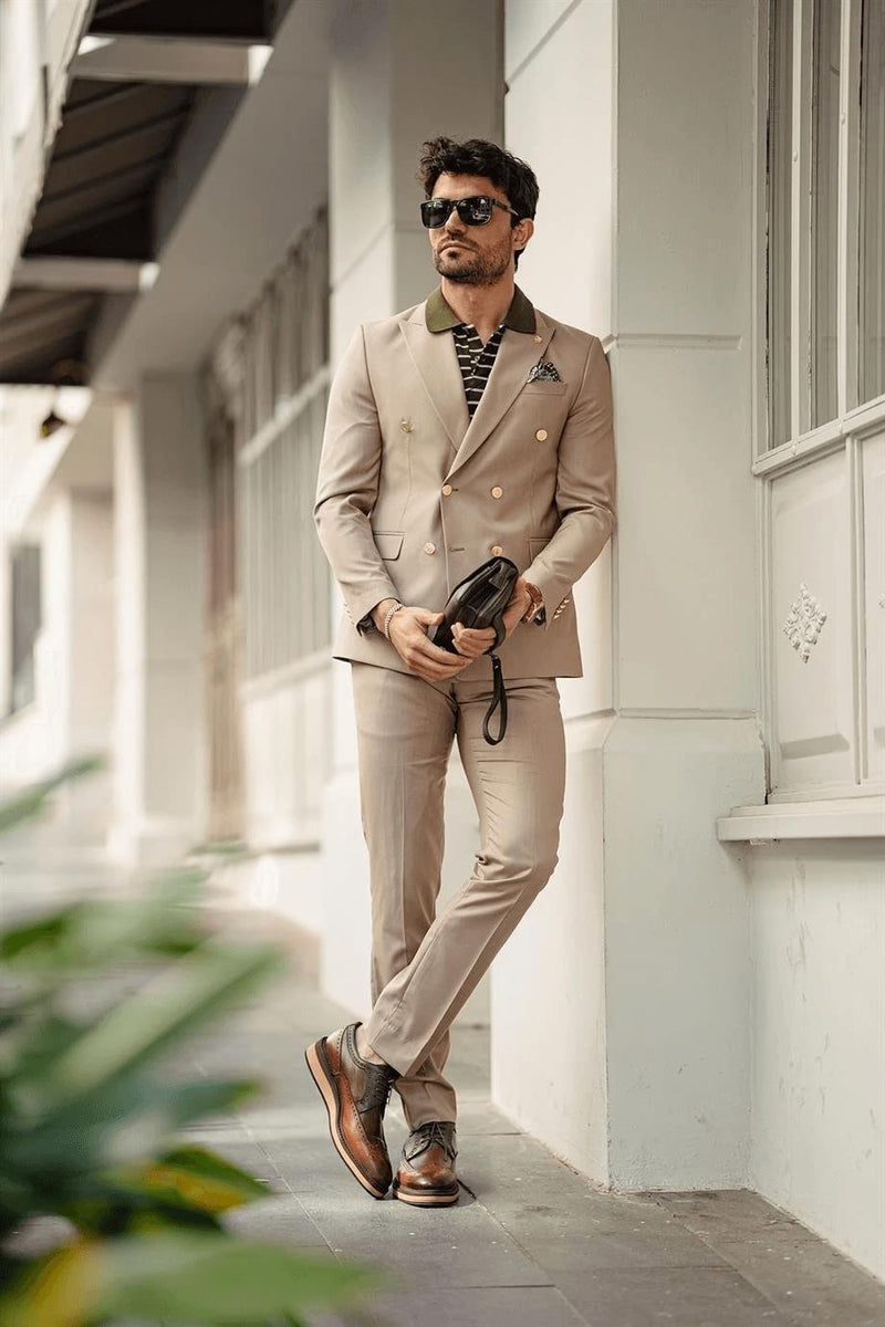 Guild Jesus Slim Fit Zweireihiger Anzug Beige