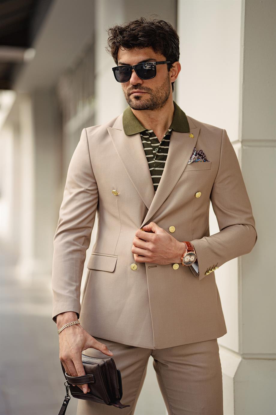 Guild Jesus Slim Fit Zweireihiger Anzug Beige