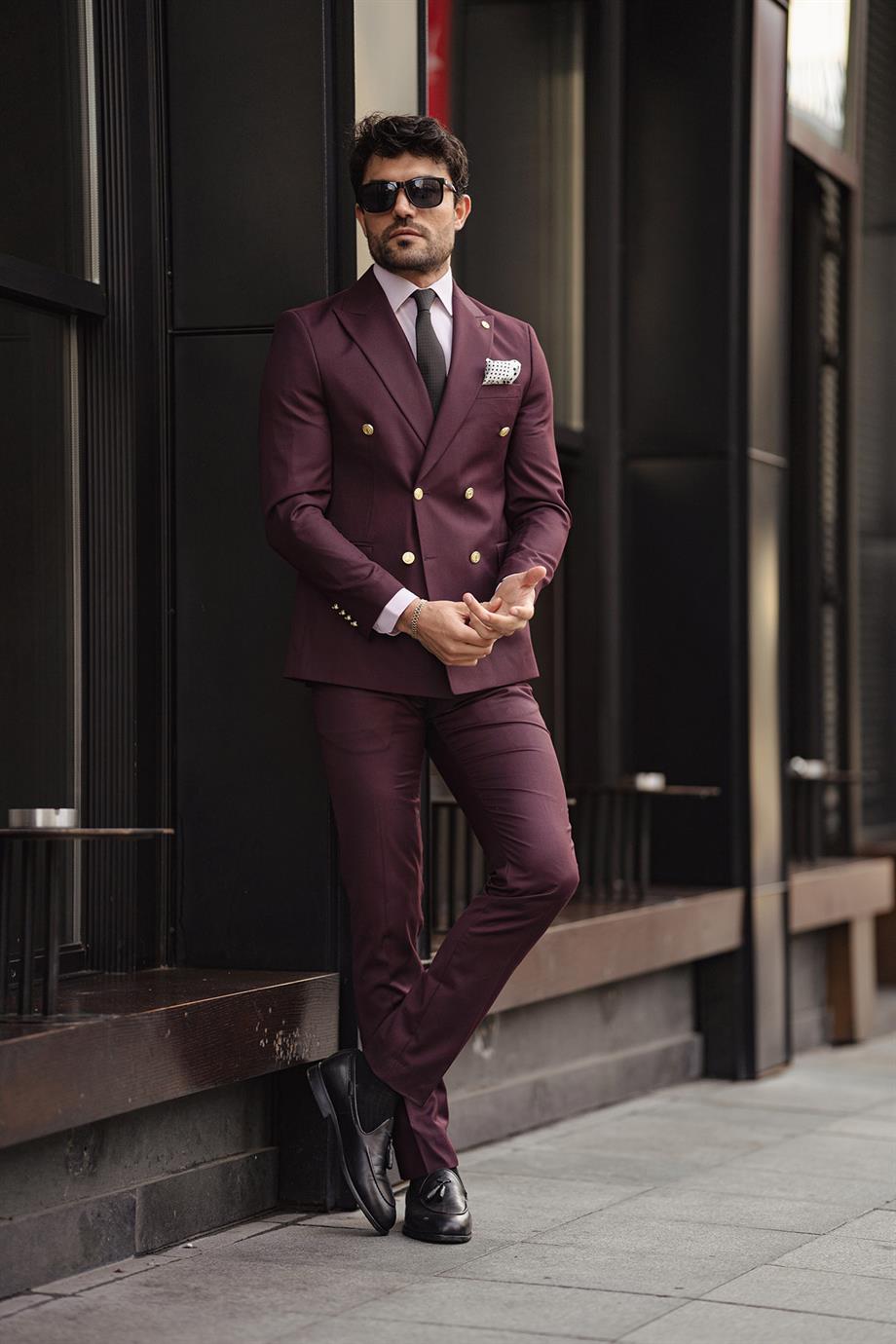 Guild Jesus Slim Fit Zweireihiger Anzug Weinroter
