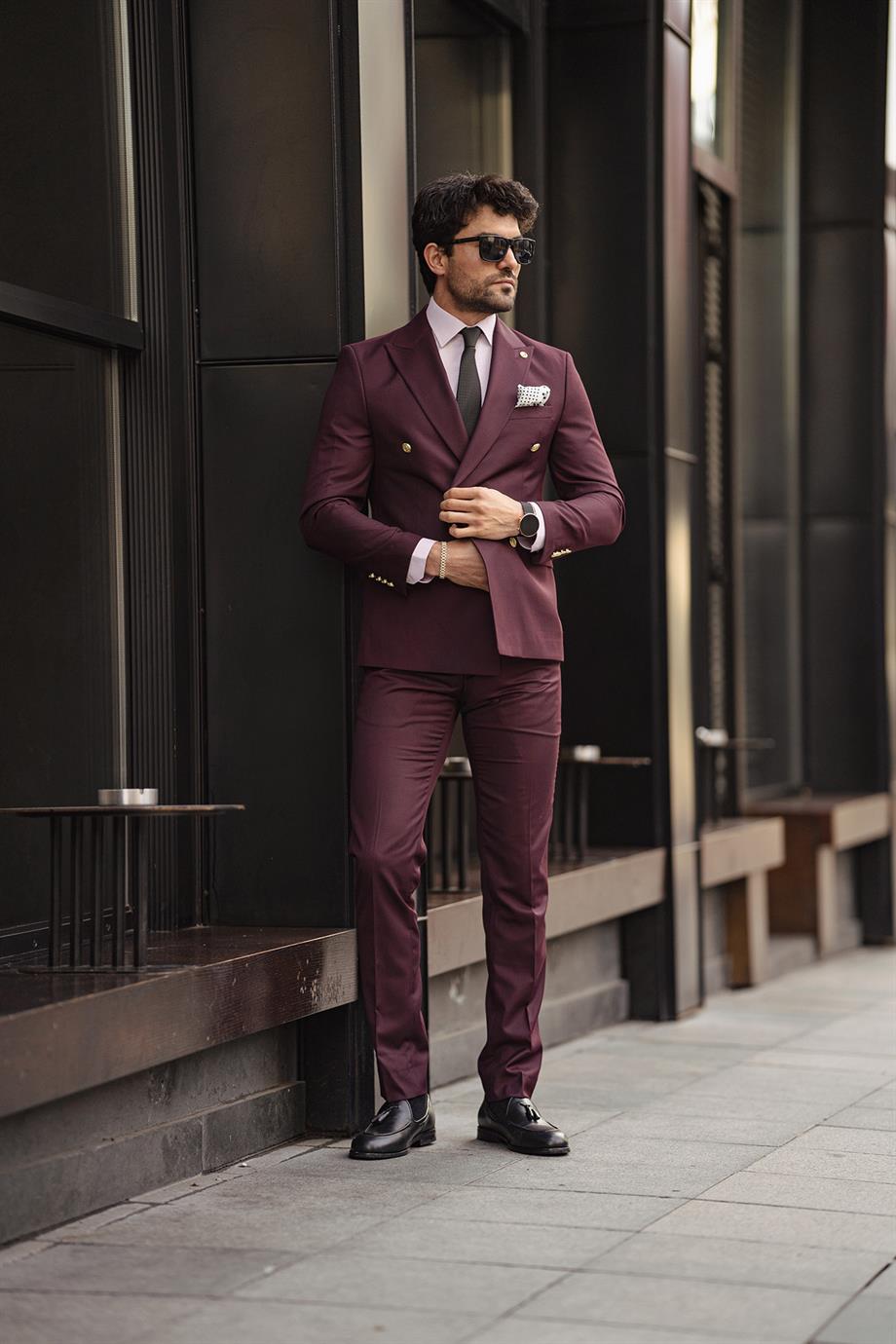 Guild Jesus Slim Fit Zweireihiger Anzug Weinroter