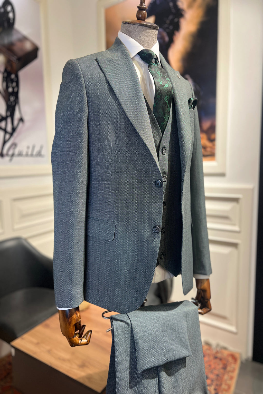 Guild Milos Slim Fit 3-teilig mit Weste Anzug Grüner