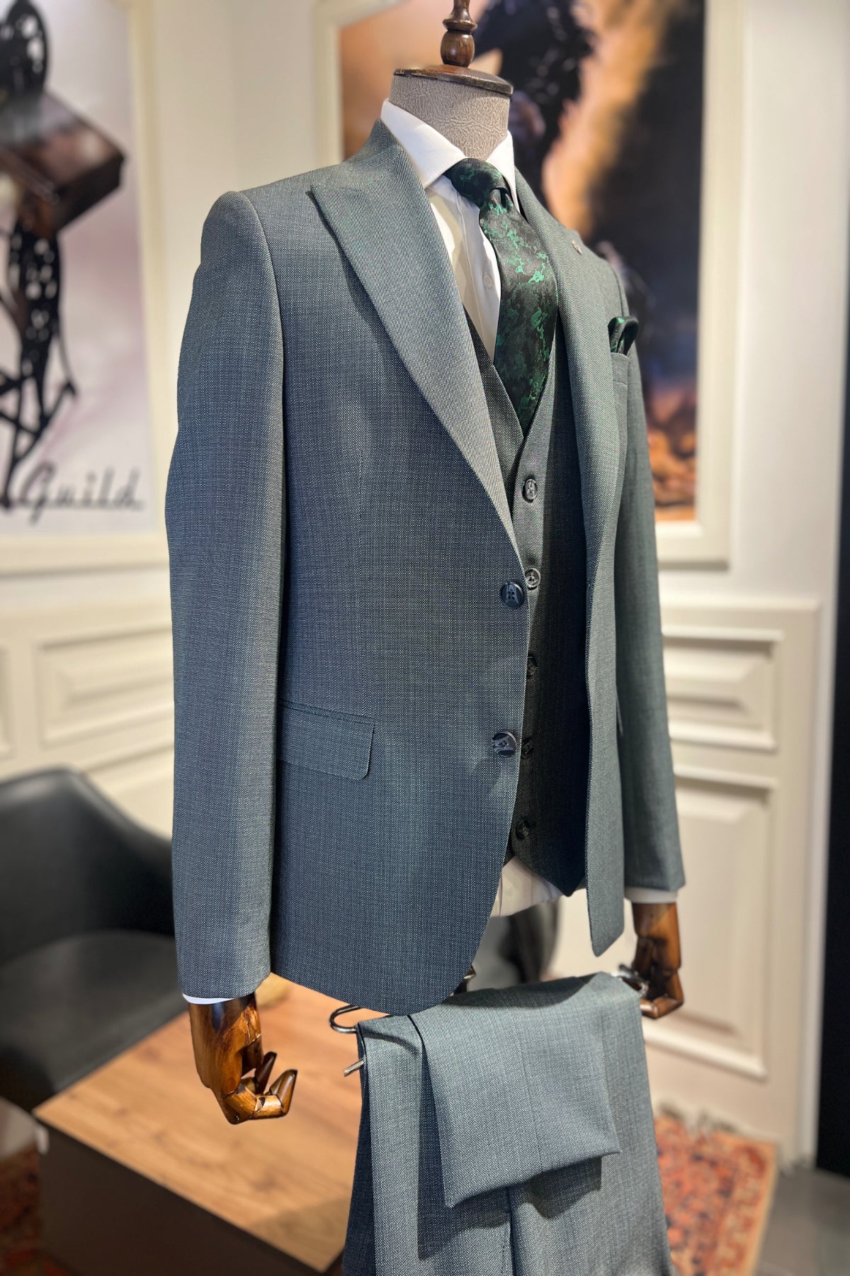 Guild Milos Slim Fit 3-teilig mit Weste Anzug Grüner