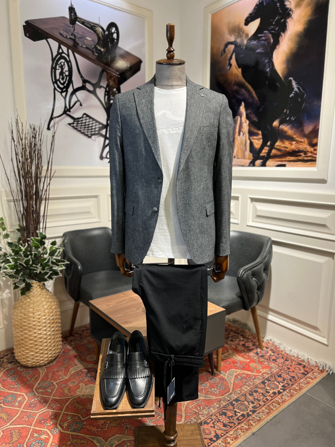 Guild Pire Slim Fit Leinen Sakko Anthrazit