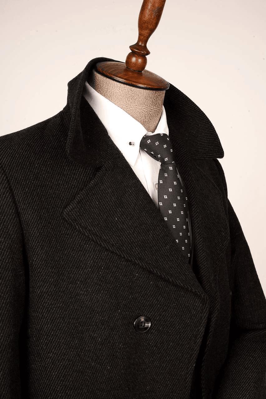 Guild Kavala Double Breasted Diagonal Black Wool Coat